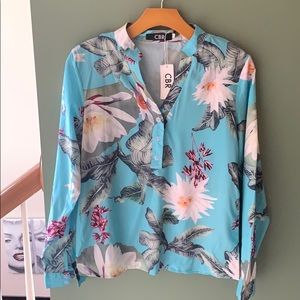 CBR light blue, floral long sleeve blouse!